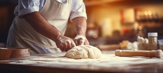 Skilled baker kneading dough in bakery   blurred background with copy space   bright photo