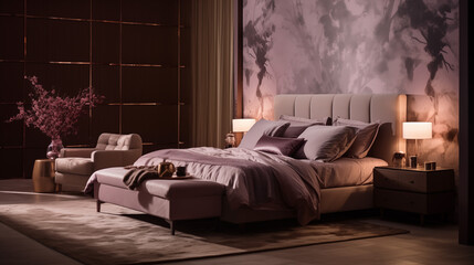 Interior design luxurious bedroom with an emphasis on elegance and comfort. 