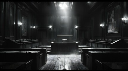 Somber Courtroom with Dramatic Shadows