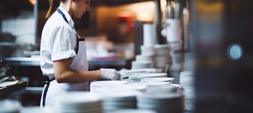 Close up of woman washing dishes in industrial kitchen with white tableware on defocused background