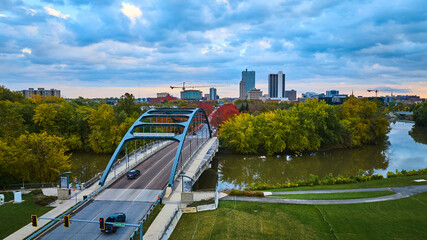 Aerial Sunrise View of Martin Luther King Bridge and Fort Wayne Skyline