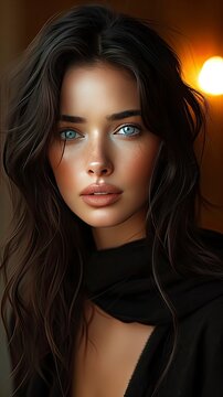 Profile photo of a handsome and attractive young adult woman, Instagram model, black hair and blue eyes and beautiful pretty model, professional - generative ai