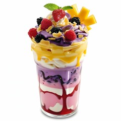 Colorful halo-halo, a delightful Filipino mixed dessert, isolated on a clean white background - obrazy, fototapety, plakaty