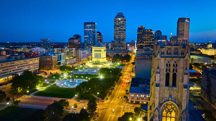 Aerial Twilight Cityscape with Historic Building and Fountain, Indianapolis