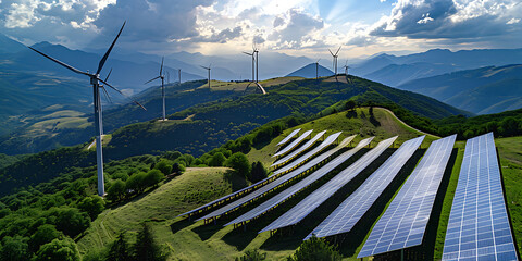 Fazenda solar ou turbinas eólicas em um cenário pitoresco, ilustrando o uso da tecnologia de energia renovável. A imagem transmite sustentabilidade e a mudança para fontes de energia mais limpas - obrazy, fototapety, plakaty