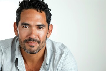 Serene portrait of a Latino man, calm and composed, white background