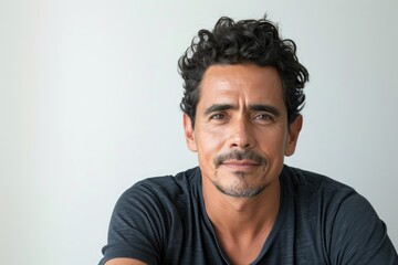 Serene portrait of a Latino man, calm and meditative, white background
