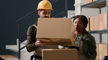 Manager wearing hardhat in warehouse teaching african american intern how to seal cardboard box...