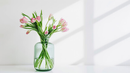 Fresh spring pink tulip flowers in trendy green glass big vase on table against white wall in bright sunlight. Minimalistic card with negative space.