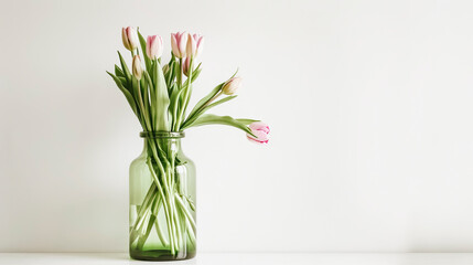 Fresh spring pink tulip flowers in trendy green glass big vase on table against white wall in bright sunlight. Minimalistic card with negative space.