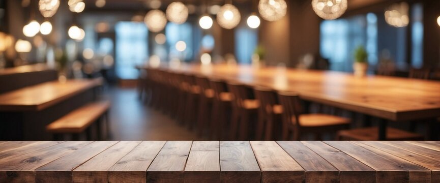 Empty Wooden Table Background with Blurred Bar, Wooden Table