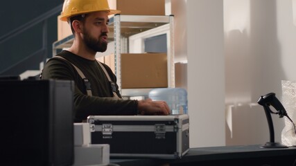 Repository warehouse team leader carrying out the logistics of receiving, processing, storing and sending inventory according to purchase orders and shipping schedules, helped by proactive intern