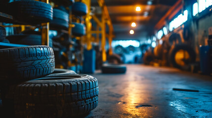 Tires at repairing service garage, banner , copy space for text  - obrazy, fototapety, plakaty