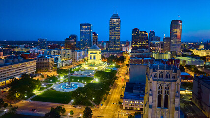 Aerial Indianapolis Skyline at Blue Hour with War Memorial