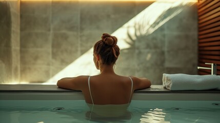relax blonde woman unwinding in a serene spa hot tub with gentle sunlight pouring in - obrazy, fototapety, plakaty