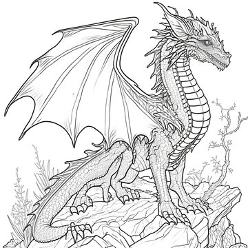 scaly western mythical dragon with wings, with four legs, coloring book page style, vector, black lines outline white image, portrait