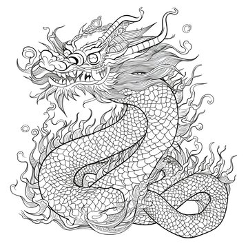 long, scaly chinese dragon with no wings, with four legs, coloring book page style, vector, black lines outline white image, portrait
