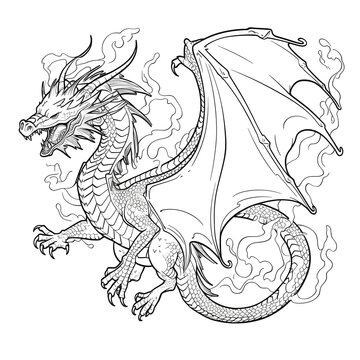 scaly dragon with wings, four legs, and a long tail, breathing fire from mouth, coloring book page style, vector, black lines outline white image