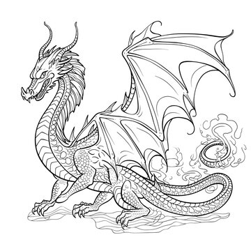 scaly dragon with wings, four legs, and a long tail, breathing fire, coloring book page style, vector, black lines outline white image.