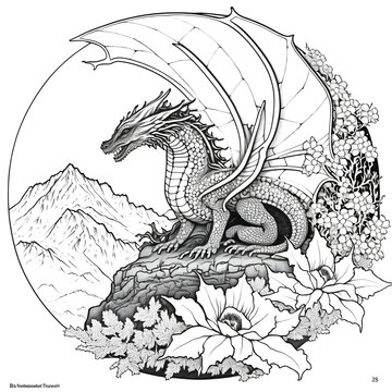 black outline white image for a coloring book page of a dragon with mandala scales and wings sittig on a mountain top surrounded by zantangle babies breath, realistic, for a coloring book. page needs