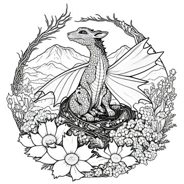 black outline white image for a coloring book page of a dragon with mandala scales and wings sittig on a mountain top surrounded by zantangle babies breath, realistic, for a coloring book