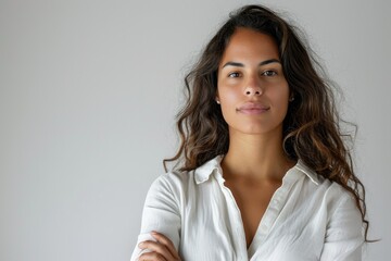 Urban entrepreneur portrait of a Latino woman, business-savvy and modern, white background