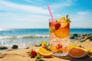 Obraz premium Quenching summer thirst: vibrant fruity drinks on ice, a refreshing blend of citrus, tropical flavors, and coolness for a perfect summer chill-out, deliciously tempting and visually appealing.