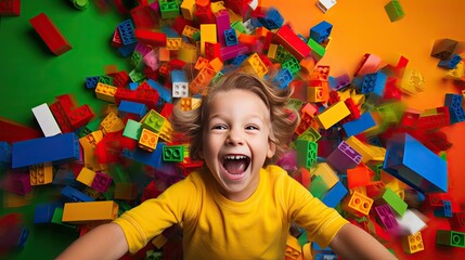 happy child playing colorful blocks