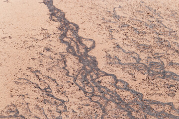 Macro photo shore salt lake, design texture pattern concept natural or wallpaper, abstract ornamental surface from sand and mud, dry ground landscape view, aesthetic nature background, curle lines