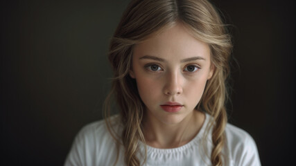 Portrait of a young blond girl wearing a white top. She has long dishwater blond hair. Pensive expression.