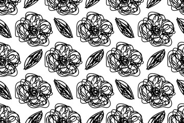 Floral outlines. Rosehip flowers and leaf. Botanical, elegant doodle plant. Garden beauty. Seamless vector pattern for design and decoration.