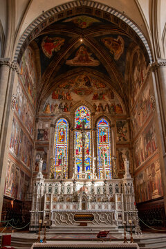 FLORENCE, ITALY - SEPTEMBER 21, 2023 - Colorful frescoes in the presbytery of basilica Santa Maria Novella in Florence