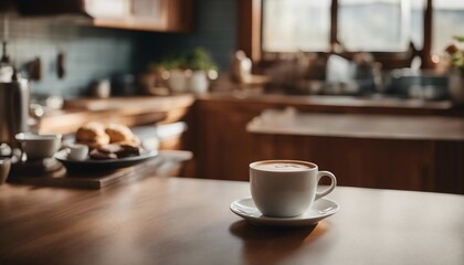 Coffee cup on wooden table in coffee shop cafe, stock photo - obrazy, fototapety, plakaty