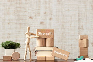 There is wood block with the word Strength or Weakness. It is as an eye-catching image.