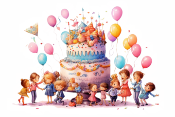 Illustration of a large birthday cake with many kids and balloons on a white background