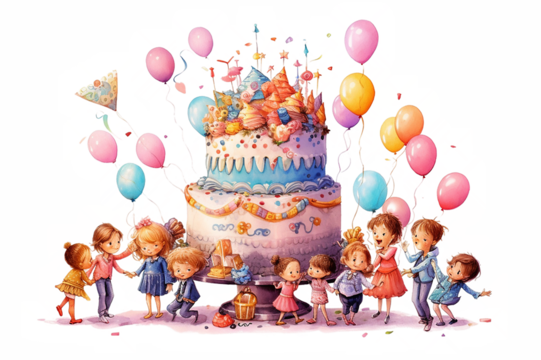 Illustration of a large birthday cake with many kids and balloons on a white background