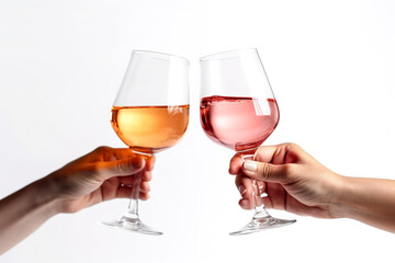 Close up of hands clinking glasses with rose and white wine on white background