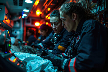 Fototapeta na wymiar EMS Paramedics providing professional medical care to a injured patient inside ambulance on the way to Hospital.