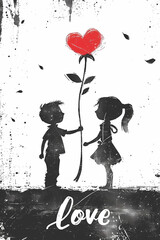 silhouette illustration of a boy handing a flower to a girl, young love, romance, 