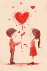 a young boy handing a hart shape flower to a girl, young love, romance, Valentine's Day