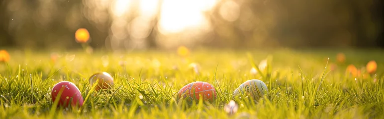 Fototapeten colourful easter eggs on colorful grass with bokeh background © Pixelmagic