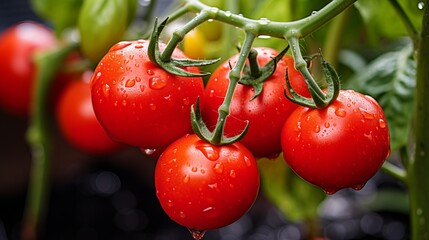 Ripe red tomatoes on lush foliage bush in greenhouse, diffused light, nikon d850, f 8