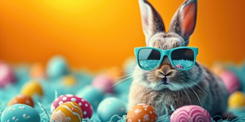 A rabbit wearing sunglasses sitting among easter eggs.