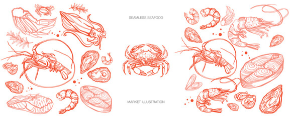Isolated vector seamless set of seafood. Shrimps, langoustines, prawns, salmon, trout, oysters, mussels, squid, crab, lemon.Hand-drawn seafood delicacy, restaurant and marine cafe menu.
