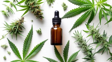 A bottle of cbd oil surrounded by cannabis leaves. - obrazy, fototapety, plakaty