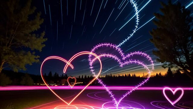 Light painting with two interlocking heart shapes in pink and red against a night sky, with trees silhouetted. Love and Romance of Valentine's day