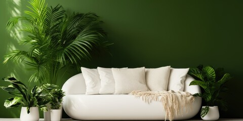 White sofa, ottoman, and plants beside green wall creating a cozy atmosphere.