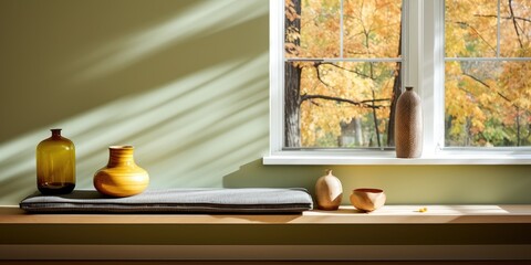 Minimalist interior design in Fairfax, Virginia with a modern gold bench, green ceramic pumpkin, books, and design element below a warm fall trees and sunlit window background.
