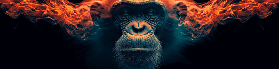 Chimpanzee in red smoke on a black background. 3d rendering
