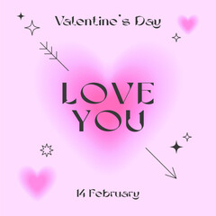 Valentines Day greeting card template in 90s style.Romantic vector illustrations in y2k aesthetic with linear shapes,blurred hearts,arrow,sparkles.Modern design for smm,invitations,prints,promo offers
